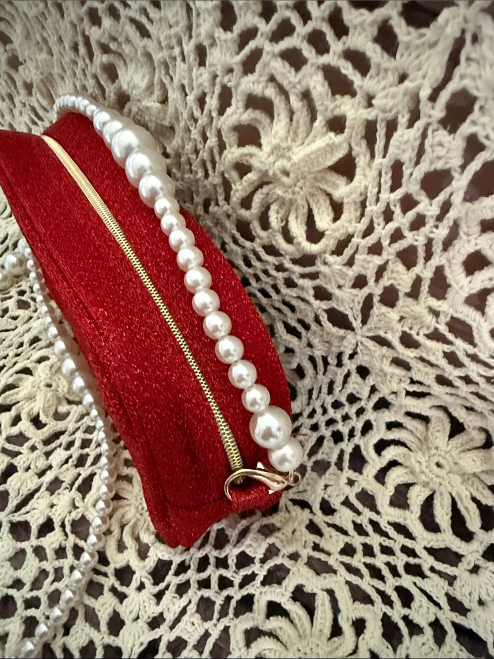 CHANEL Red Glitter Pearl-Handle Cosmetic Pouch